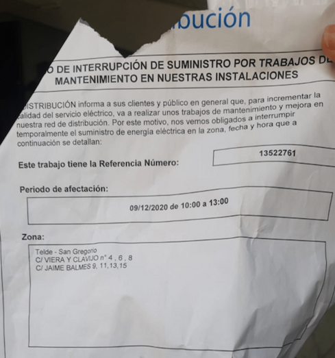 Imagen de uno de los avisos que Endesas distribuyó en la zona (Foto TA)